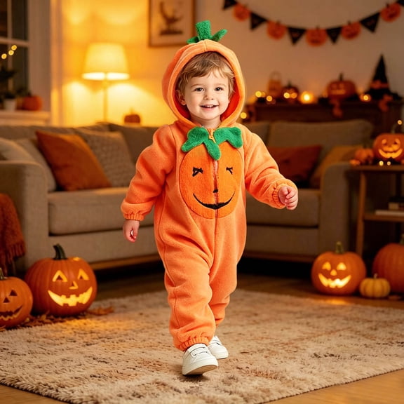 MEZZALL Baby Halloween Pumpkin Hooded O-Neck Romper, Cute Long Sleeve Zipper Onesie with Green Leaf Decor, Soft Warm Holiday Bodysuit for Boys Girls Leisure Clothes Sets