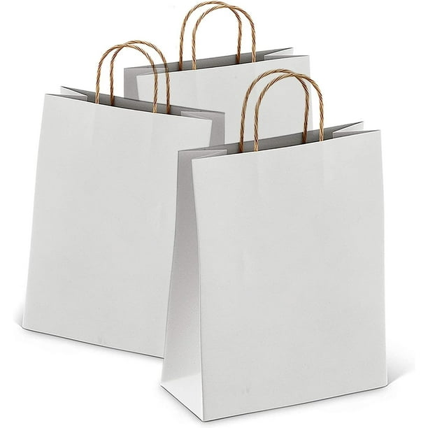 Bolsas de papel Kraft blancas de 8" x 4,75" x 10,5" a granel. Paquete de 25 bolsas pequeñas para compras con asas. Bolsas de papel recicladas artesanales sin logotipo para pequeñas empresas; venta