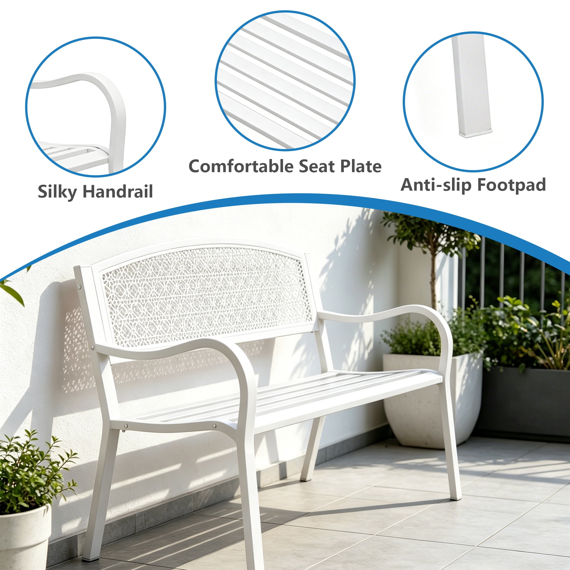 Abble High Back Outdoor Metal Garden Bench Steel Slat Patio Loveseat Park Bench for Porch Yard Lawn Patio Bench, White