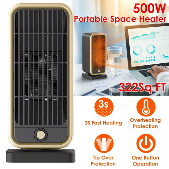 Electric Space Heater, 500W Tip over Protection PTC Ceramic Heater 3s Heating for 322 Sq ft Office Home Use
