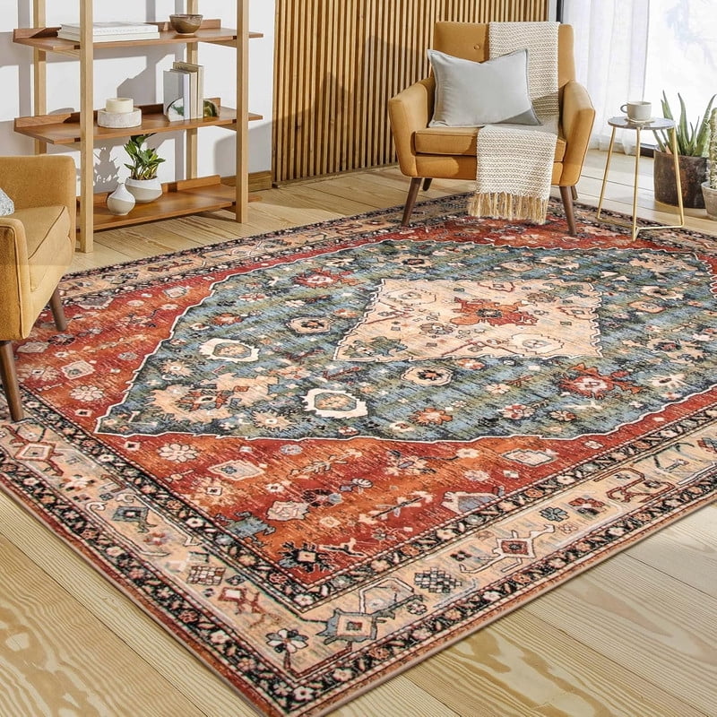 Wonnitar 8'x10' Area Rug for Living Room Boho Tribal Area Rug for Bed Room Machine Washable Mat Large Indoor No Slip Vintage Carpet for Dining Family Room Foyer Apartment Den,Rust