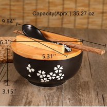 SHILIU-Black Ceramic Bowl with Lid, Spoon, Chopsticks for Soup, Rice, Noodles. Japanese Traditional Style Tableware.