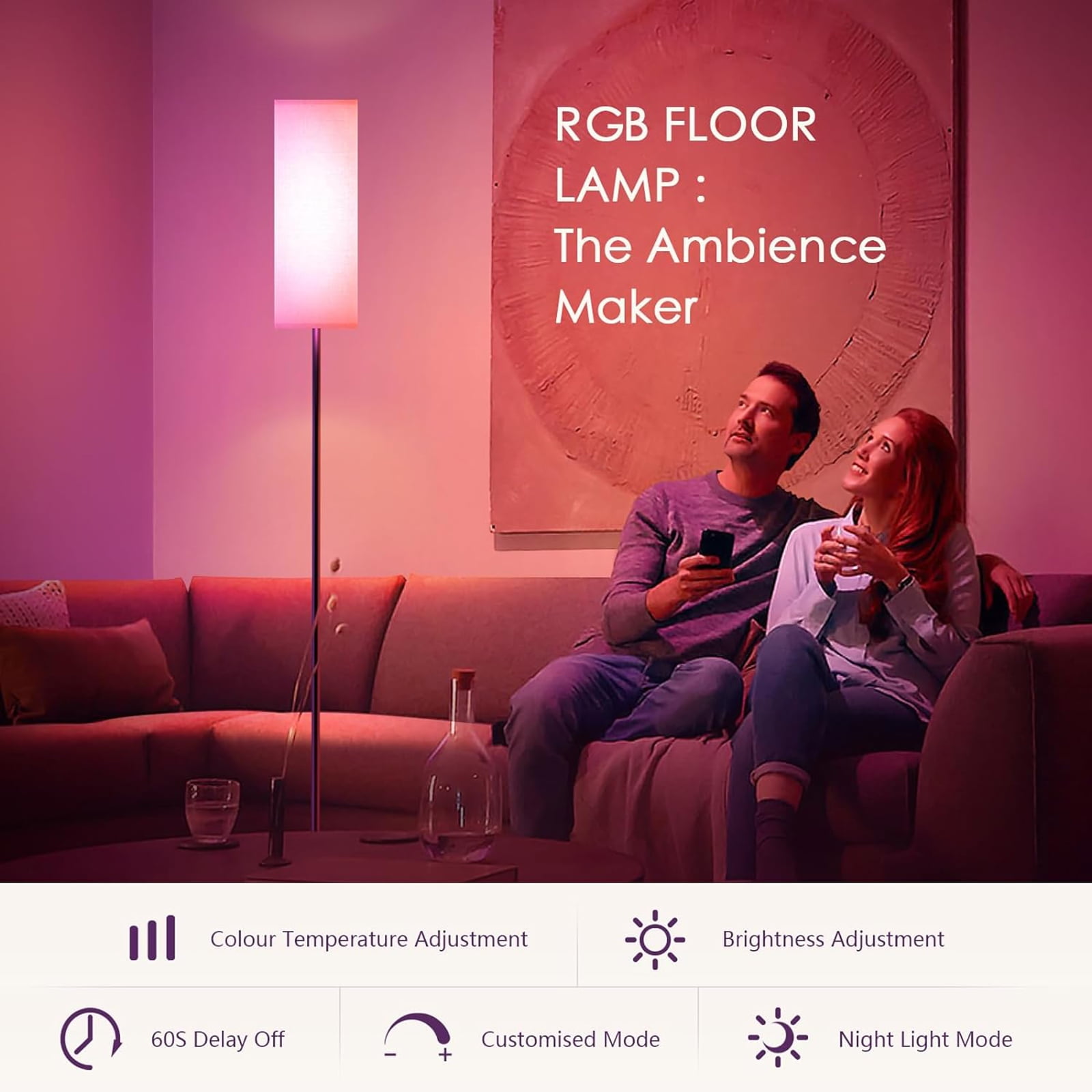 Neoglint Modern RGB Floor Lamp, Tall Dimmable Standing Light with App & Remote Control for Living Room, Bedroom, Office