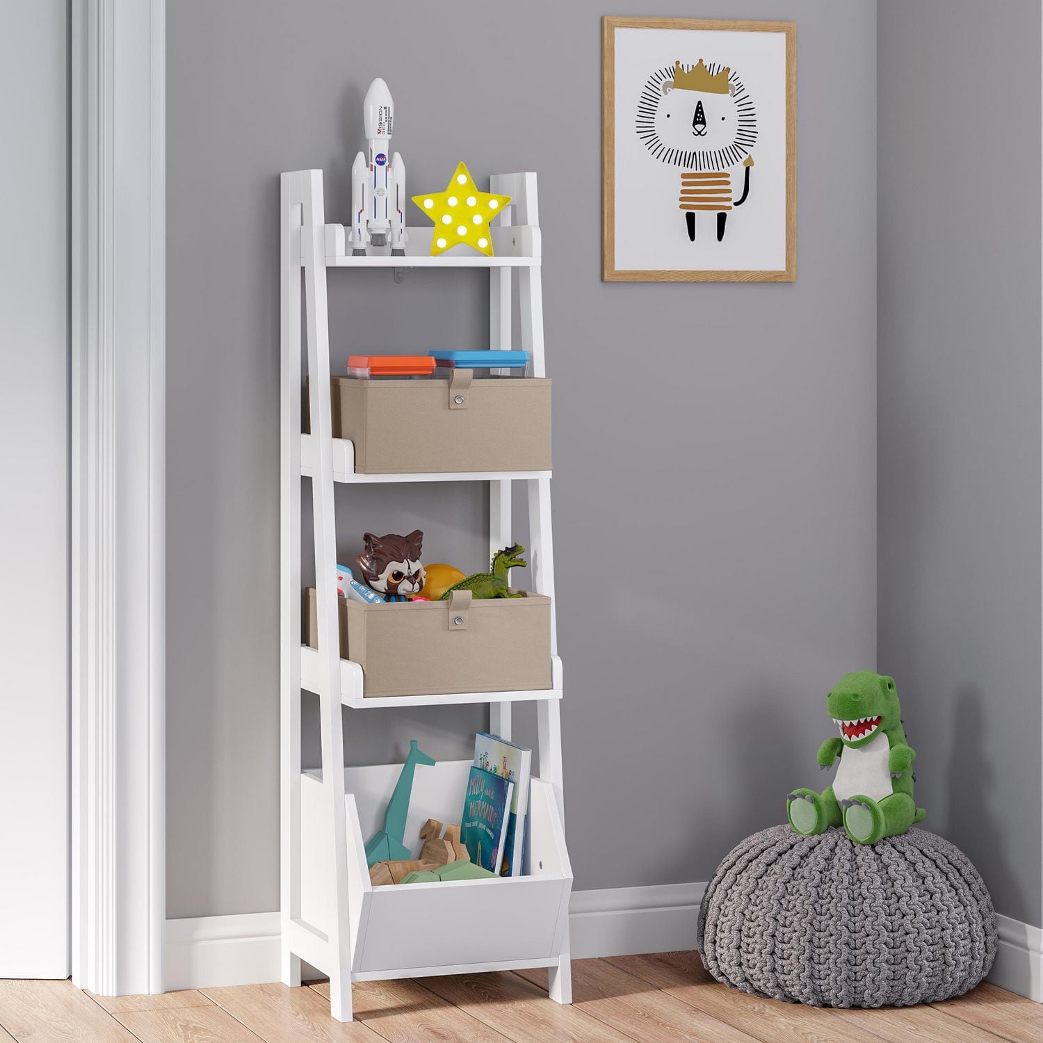 Kids 4-Tier 13in Ladder Shelf with Toy Organizer and 2pc Taupe Bins