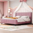thumbnail image 2 of Queen Size Velvet Bed Frame with Vertical Channel Tufted Wingback Headboard, Upholstered Platform Bed with Wood Slats, No Box Spring Needed, Easy Assembly, Non-Slip Noise, Pink, 2 of 9