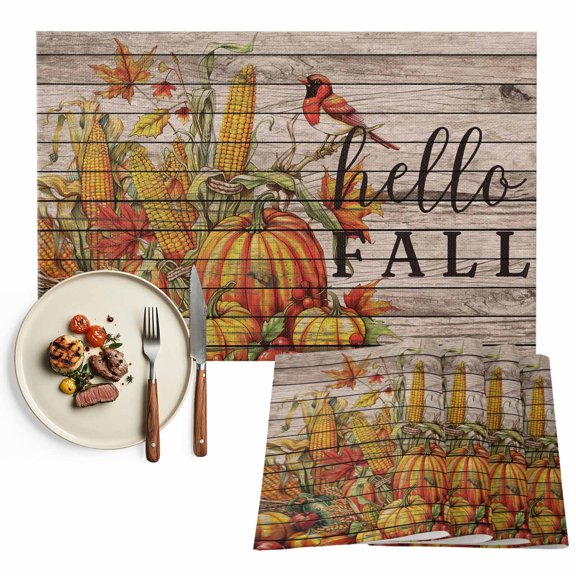 Hello Fall Placemats Set of 4, Orange Pumpkins Birds Vintage Thanksgiving Washable Wipeable Table Mats for Dining Tables, Indoor Outdoor Kitchen Place Mats for Holiday Party Table Decor