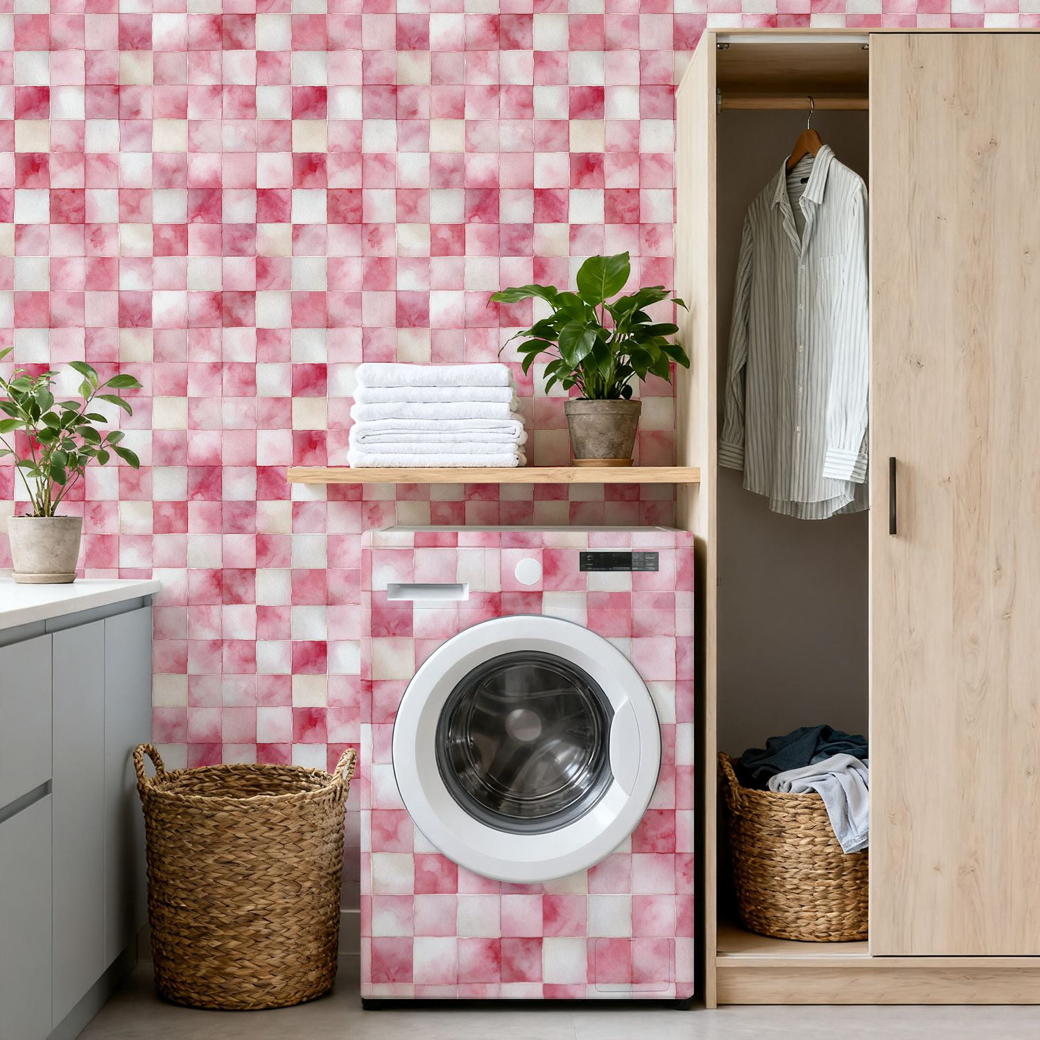 Peel and Stick Wallpaper Watercolor Pink Checkered Soft Brush Strokes 24in x 118in Contact Paper Removable Self Adhesive Wall Mural Wall Decor for Bedroom Kitchen Cabinets