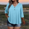 thumbnail image 2 of KyCheLot Women's V Neck Tops Fall Button Plus Size 3/4 Length Sleeve Solid Color Clothes Comfy Loose Hiking Tops, 2 of 6