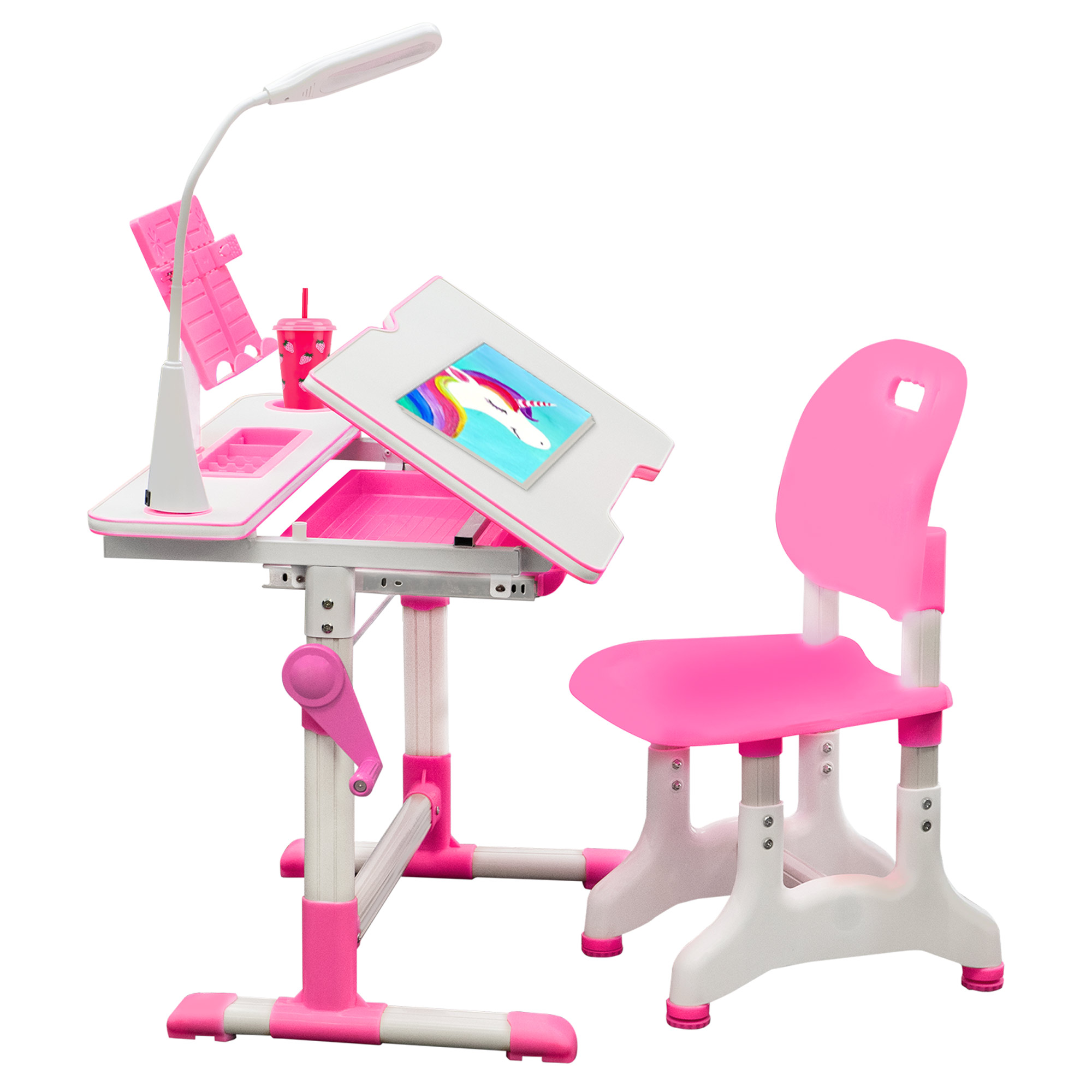 Height Adjustable Kids Study Desk with Chair, LED Lights for Bedroom