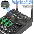 thumbnail image 4 of 4 Channel Audio Mixer, Professional with Dual Wireless Microphone, Sound Board Console System Interface DJ Mixer BT USB MP3 Computer Input 48V Phantom Power, Suitable for DJ Karaoke Guitar, 4 of 7