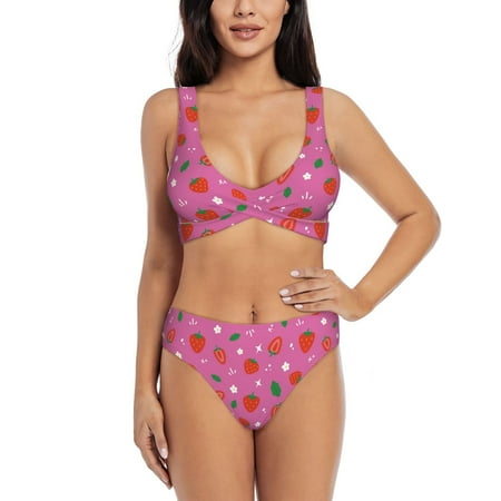 Zeuib Strawberry Floral High Waisted Tummy Control Bikini Set - Knot Front Push Up Top & Cheeky Thong Bottom  Two-Piece Swimsuit for Women-Large