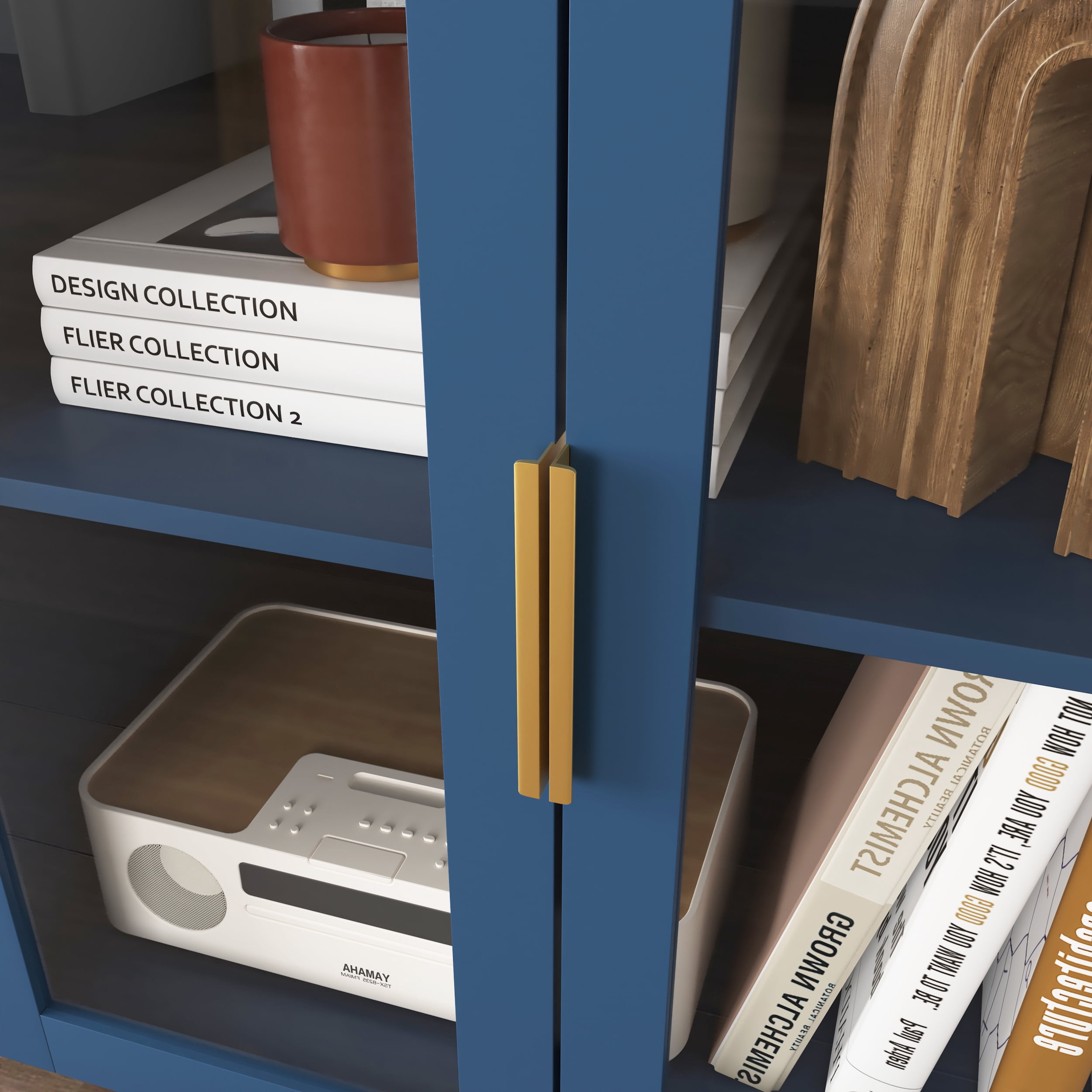 MAYEERTY Blue Kitchen Pantry Storage Cabinet, 55" Coffee Bar Cabinet with Glass Doors & Drawers