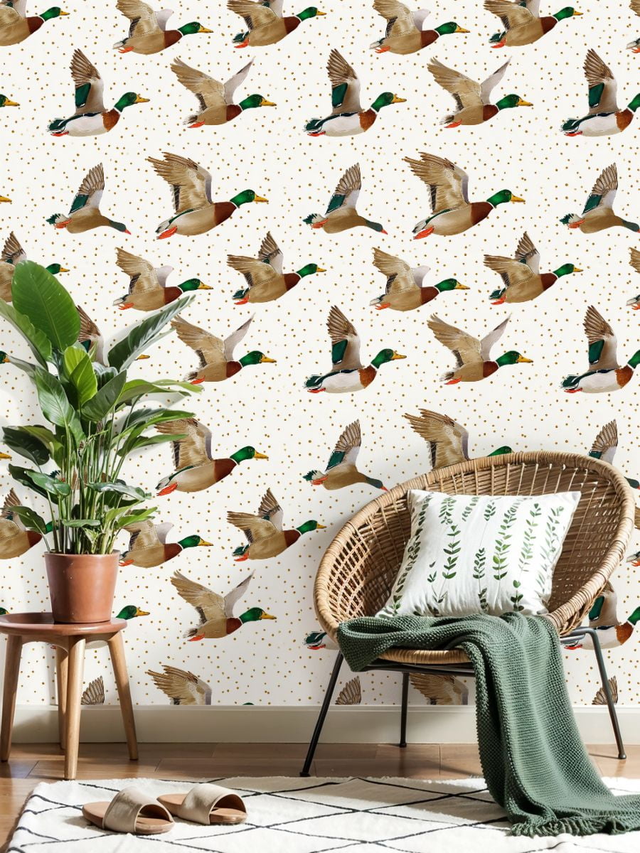 Peel and Stick Wallpaper Mallard Ducks Soft Pastel Colors Gold Accents Wall Mural 17.7in x 9.8ft Self Adhesive Removable Wall Paper Renter Friendly Wallpaper for Nursery Bedroom Cabinets