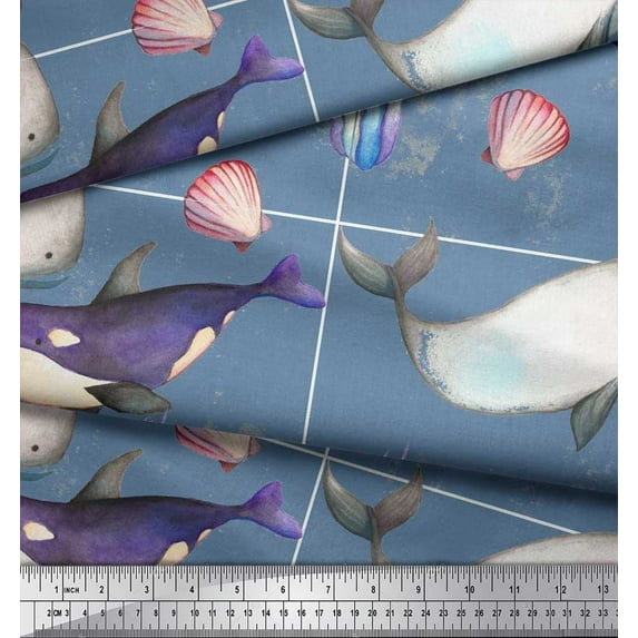 Soimoi Cotton Duck Fabric Shell & Whale Fish Ocean Print Fabric by Yard 56 Inch Wide