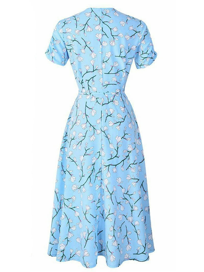 UKAP Boho Women Summer V-Neck Sun Beach Dress Holiday Party Ruffle Sleeve  Flowy Dresses Empire Waist Swing Dresses Sky Blue XL(US 16-18)