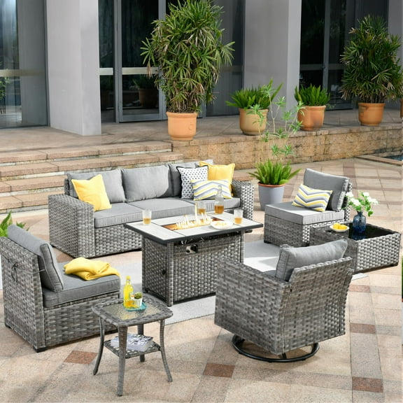 Vcatnet 9 Pieces Patio Furniture Outdoor Wicker Rattan Conversation Set with Swivel Rocking Chair and Fire Pit Table,Dark Gray