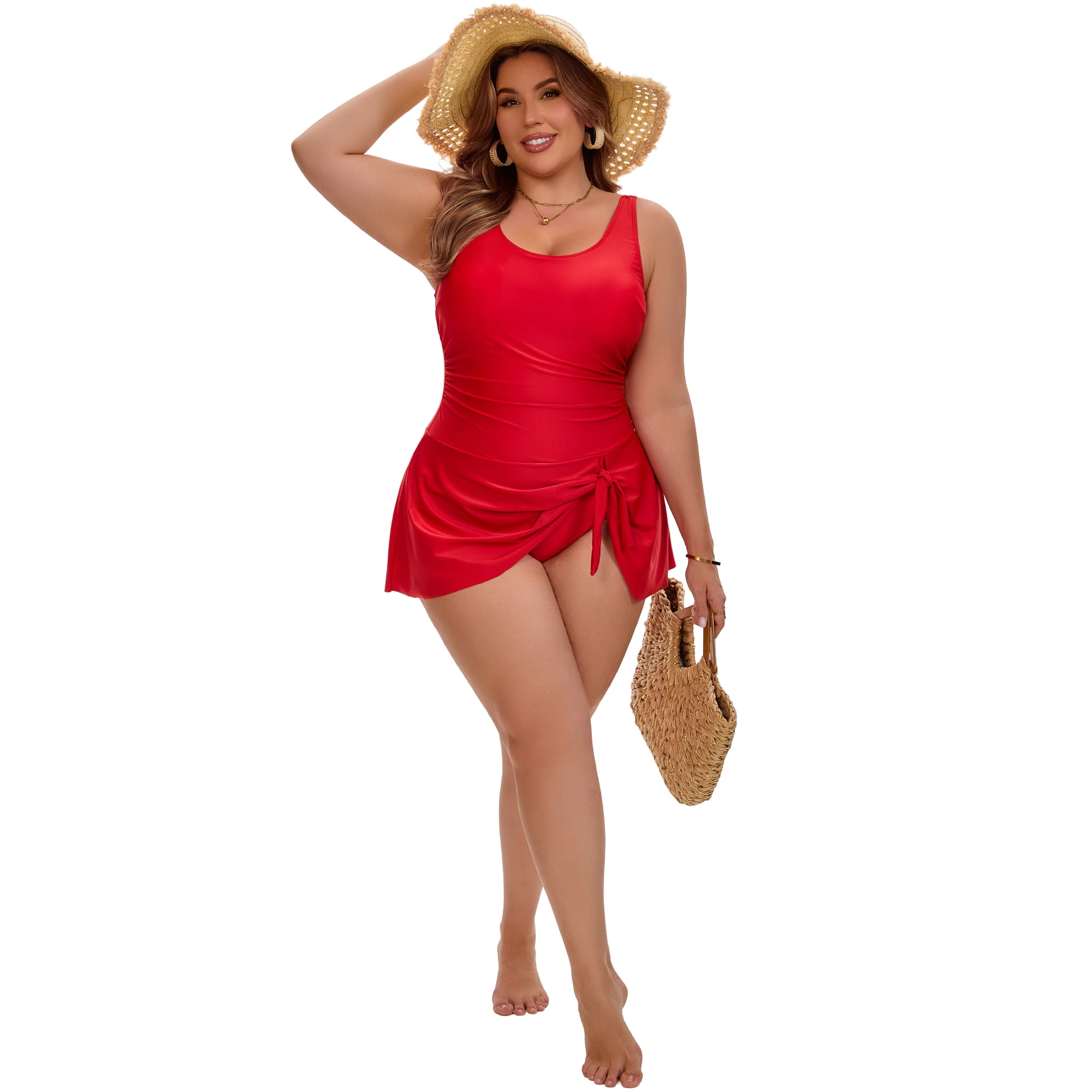 DARING DIVA Women's Plus Tummy Control Beach Vacation Swimdress L Red
