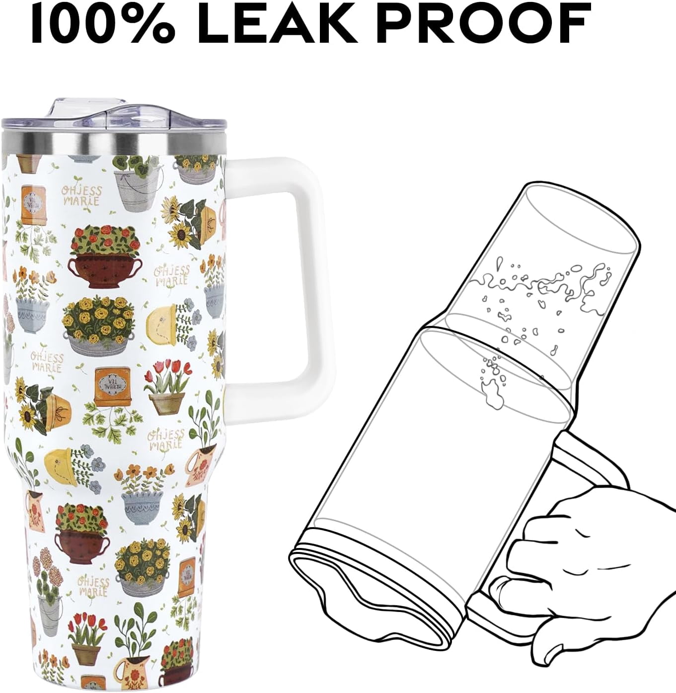 Flower Pot Tumbler with Handle and Straw Lid 40 oz,Cute Spring Summer Gift for Women Men Vacuum Insulated Leak Proof Stainless Steel Coffee Cup Mug