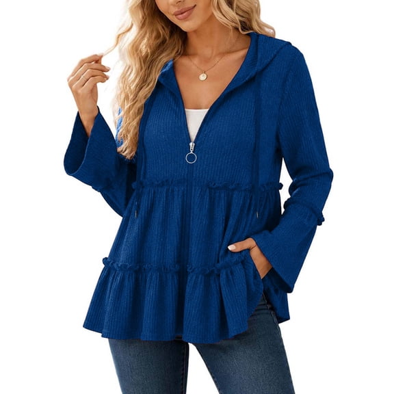 Women's Hooded Zip Up Ruffle Tiered Top Long Flare Sleeve Peplum Jacket with Side Pockets Casual Knit Cardigan Coat