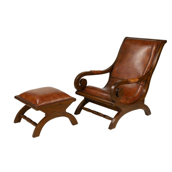 DecMode Leather Handmade Upholstered Chair & Ottoman Set with Scrolled Wood Arms, Brown