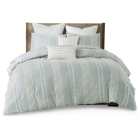 Pemberly Row Modern Cotton Jacquard Full/Queen Duvet Cover Set in Aqua Blue