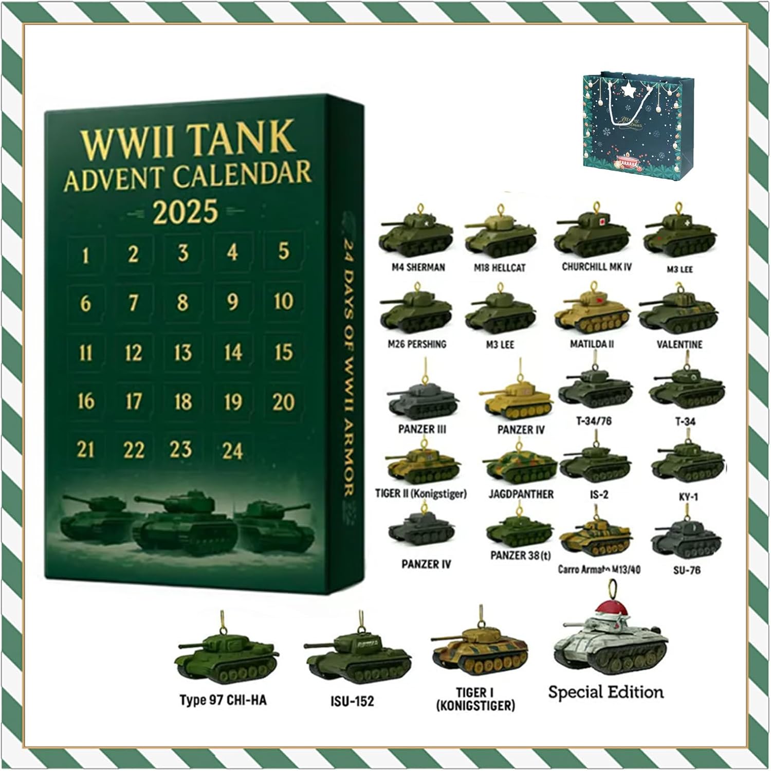 Calendrier De L'Avent Tank WW2 2025 - 24 Ornements Militaires 2D - Décoration Noël Thème Historique - 28x26 Cm