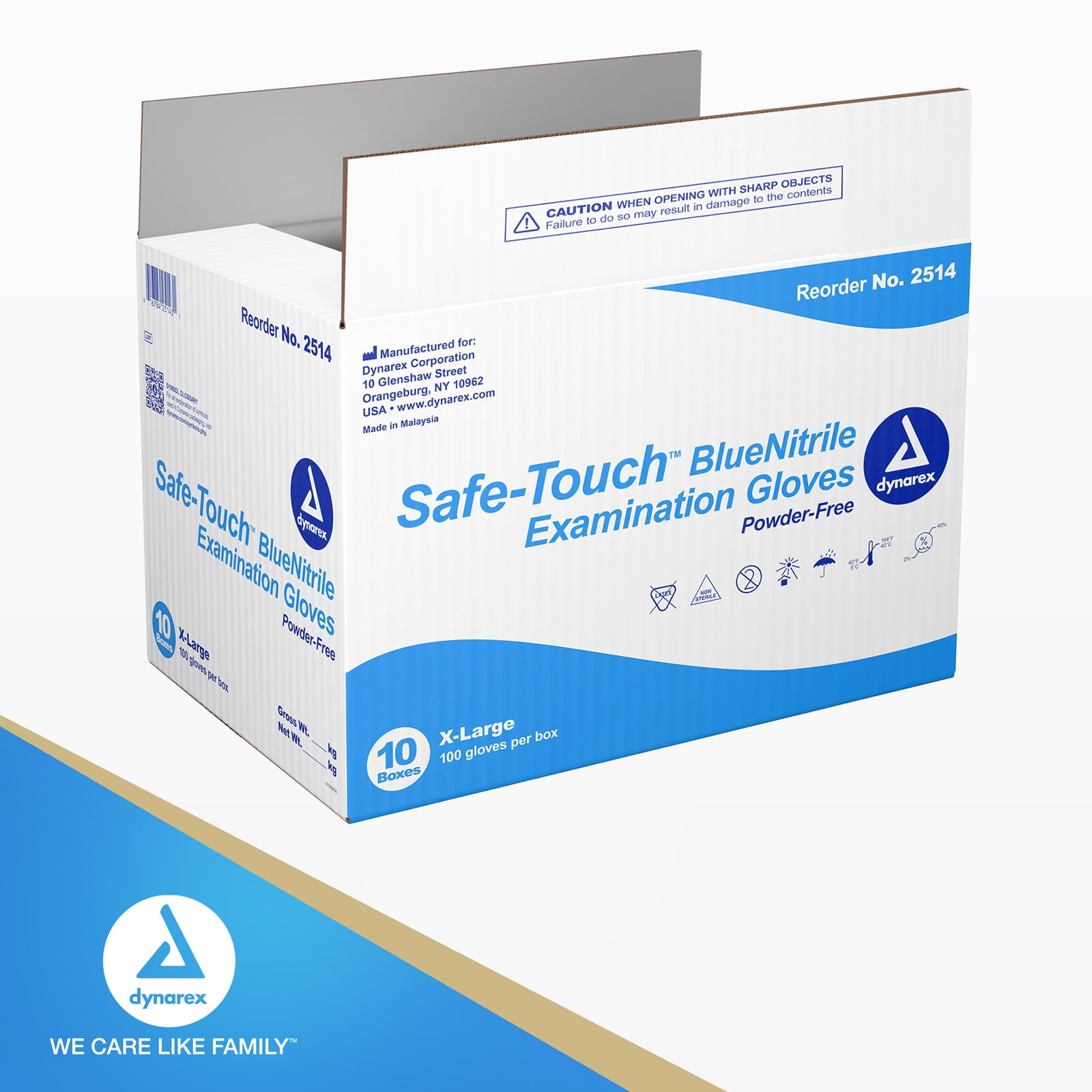 Dynarex Safe-Touch Disposable Nitrile Exam Gloves, Powder-Free, Latex-Free, Touchscreen Friendly, Blue, Extra-Large, 1 Case of 1,000 Gloves (10 Boxes of 100 Gloves)