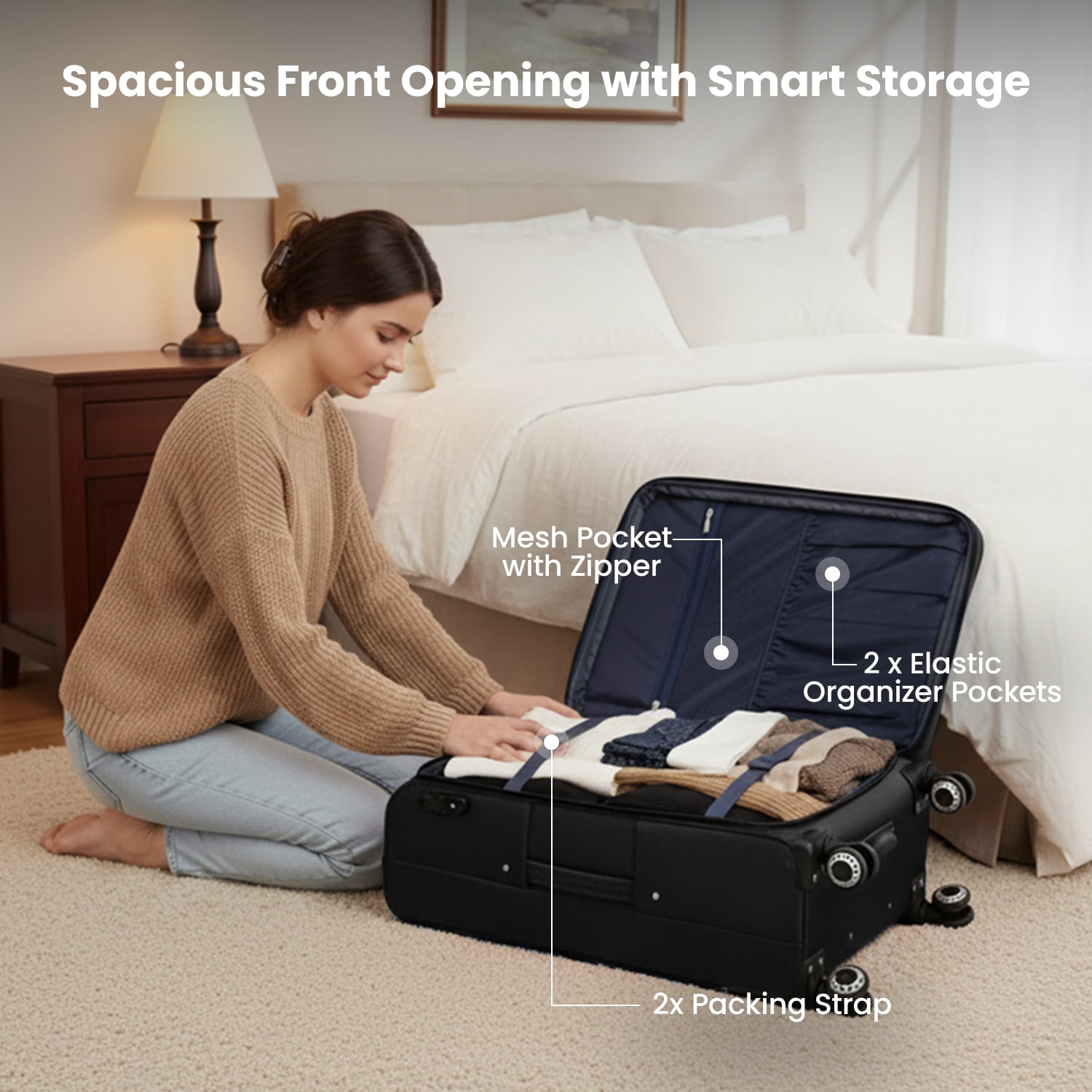 30" Softside Large Checked Luggage Lightweight Expandable Suitcase with Spinner Wheels & TSA Lock,Black - WD1622