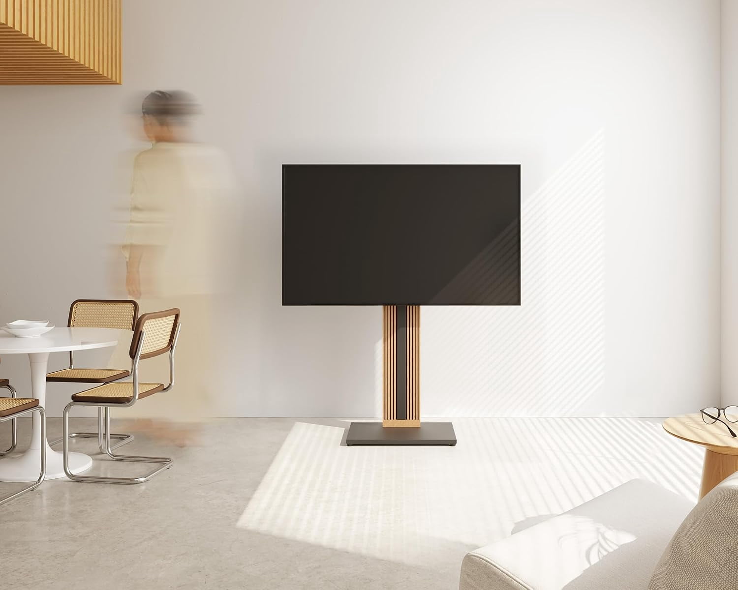 FITUEYES Zen Series Floor TV Stand for 32–65 Inch TVs, Black & Light Wood, Hidden Storage