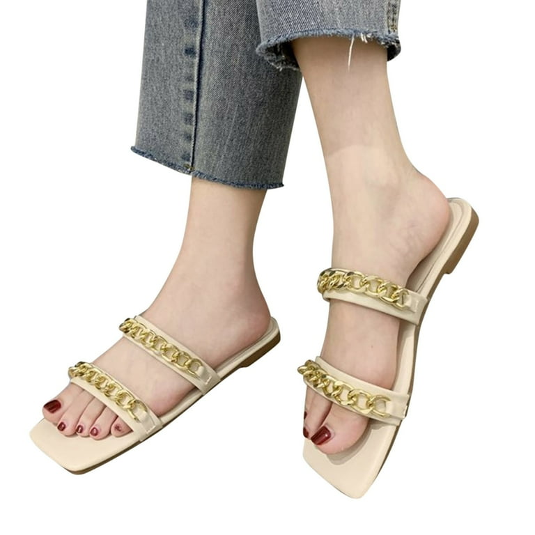 HSMQHJWE Flat Sandals Women Slides Shoes For Women Two Straps Chain Slip On Sandals  Women's Sandals Dressy Summer Ladies Comfortable Beach Sandals Woman  Sandals HSMQHJWE（Beige,7） 