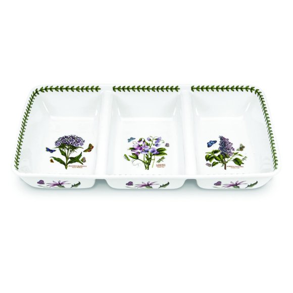 Portmeirion Botanic Garden 3-Section Server | 17 x 9.5" Serving Platter | Assorted Motifs | Porcelain | Dishwasher, Microwave, Freezer, Oven Safe | Made in England