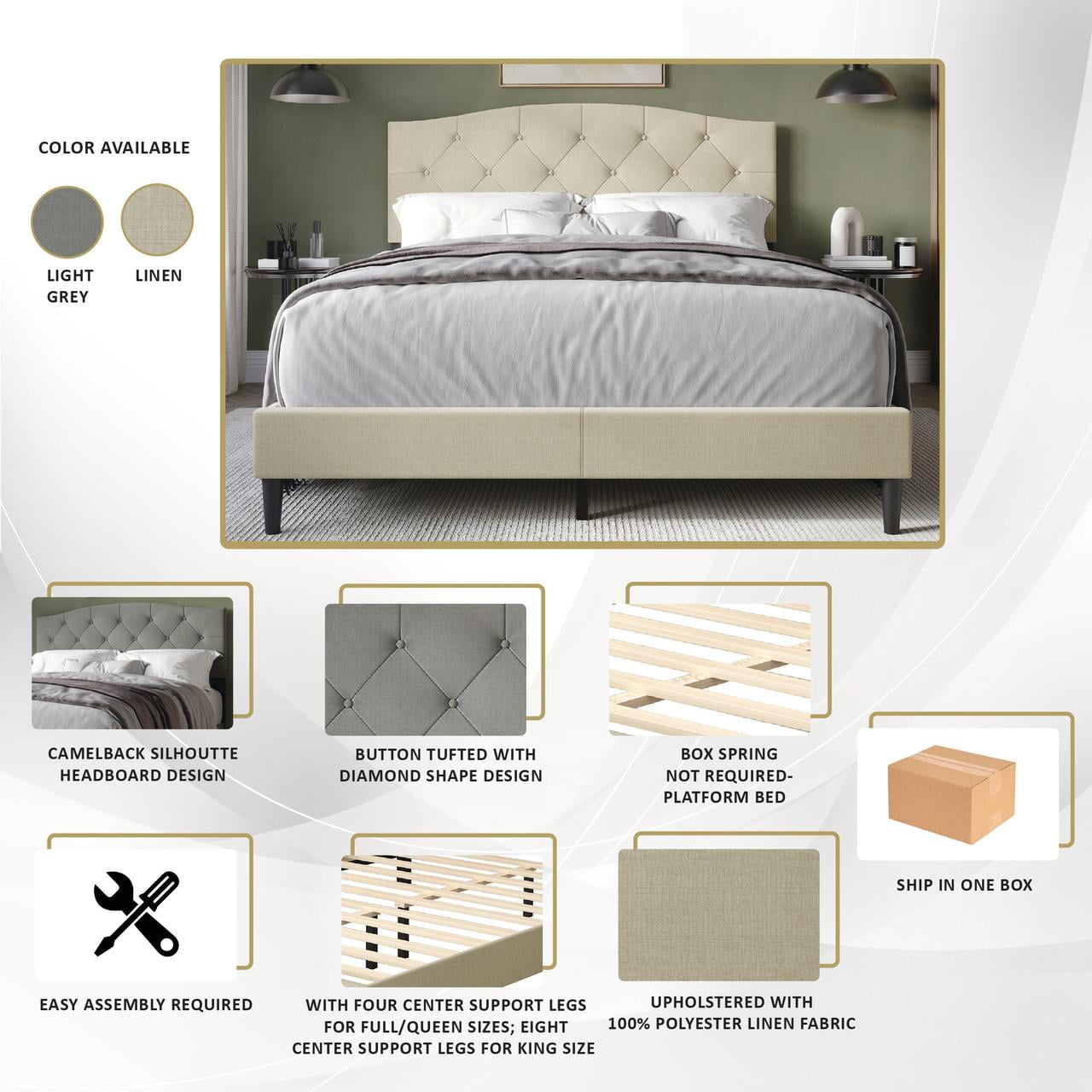 Castle Place Button Tufted Linen Upholstered Platform Bed, Light Grey, King