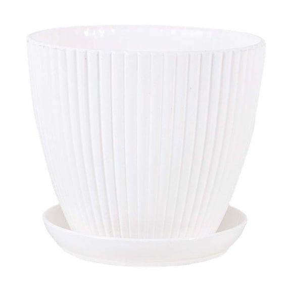 Indoor Planters with Drainage and Tray, Large Plastic Planter, 5X4 In, Vertical Ribbed, White, Outdoor Planter Pots, 1 Pc Set, Outdoor and Garden
