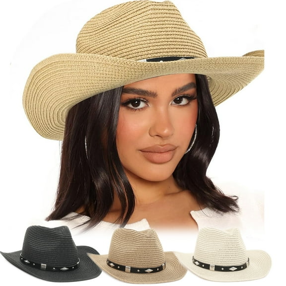 Unisex Straw Cowboy Hats for Women and Men Western Beach Cowboy Sun Hat Wide Brim Cap for Beach, Party