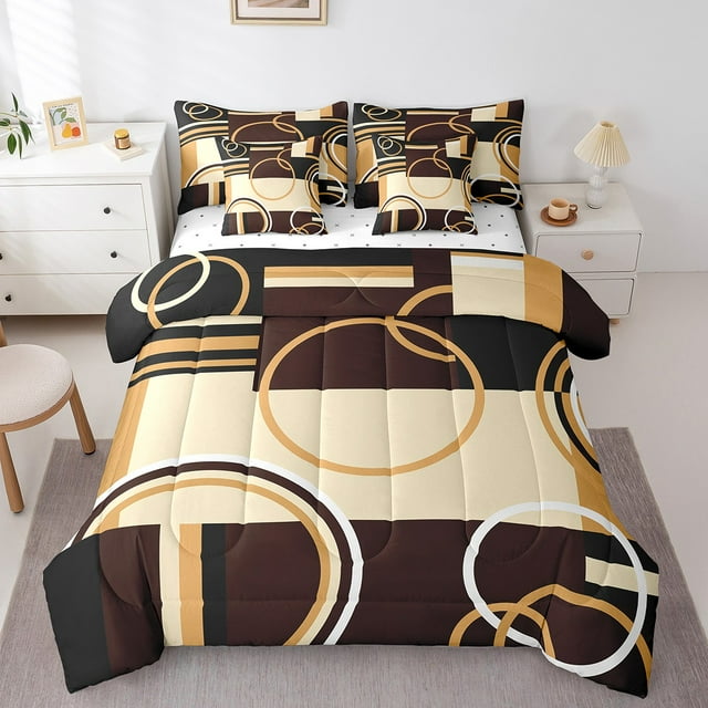 YST Ensemble de Literie Géométrique Moderne 7 Pcs Taille Simple Rayures Marron Noir pour Enfants Adultes Cercles Rétro Tourbillons Décoration de Chambre Art Abstrait Couleur Drap Plat