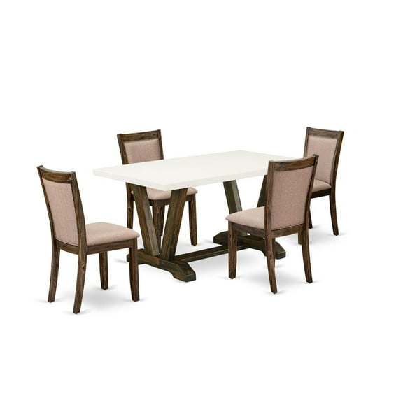 East West Furniture V-Style 5-Piece Wood Dining Set in Khaki Gray/Jacobean/White