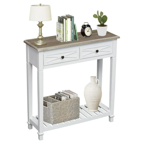 Entryway Table - White Console Table with 2 Drawers, Narrow Small Console Table with Storage Shelf for Entryway, Living Room, Hallway, White