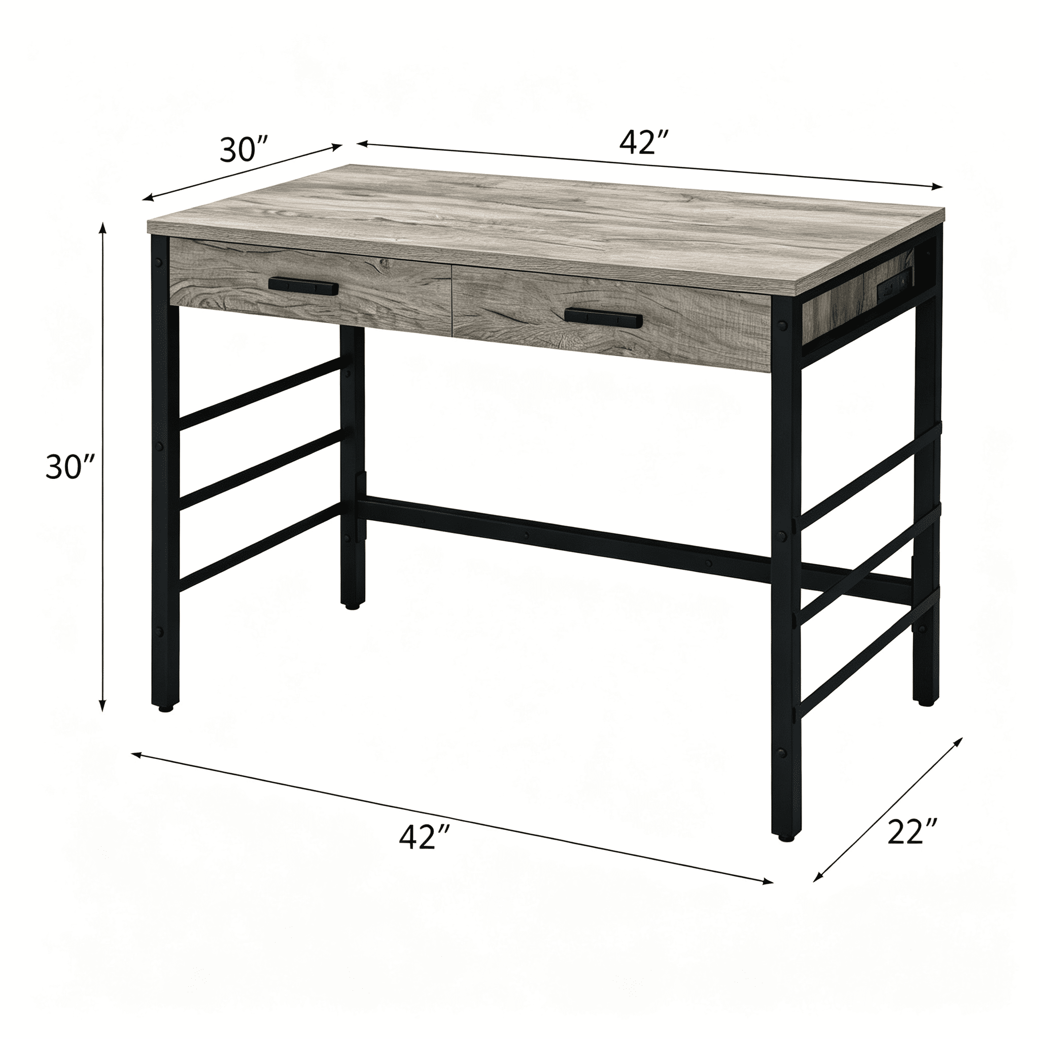 Writing Desk with 2 Drawers and USB Ports, 42 in Home Office Computer Desk, Metal Ladder Base, 30 in Tall