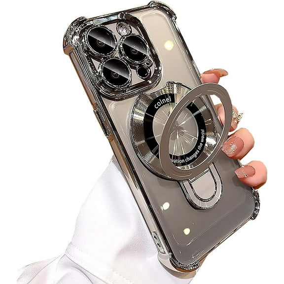 Magnetic Stand Phone Case for iPhone 13 Pro Max Clear Case Compatible with MagSafe,Four Corners Shockproof Luxury Plated Cellphone Case with Camera Len Protector,Silver