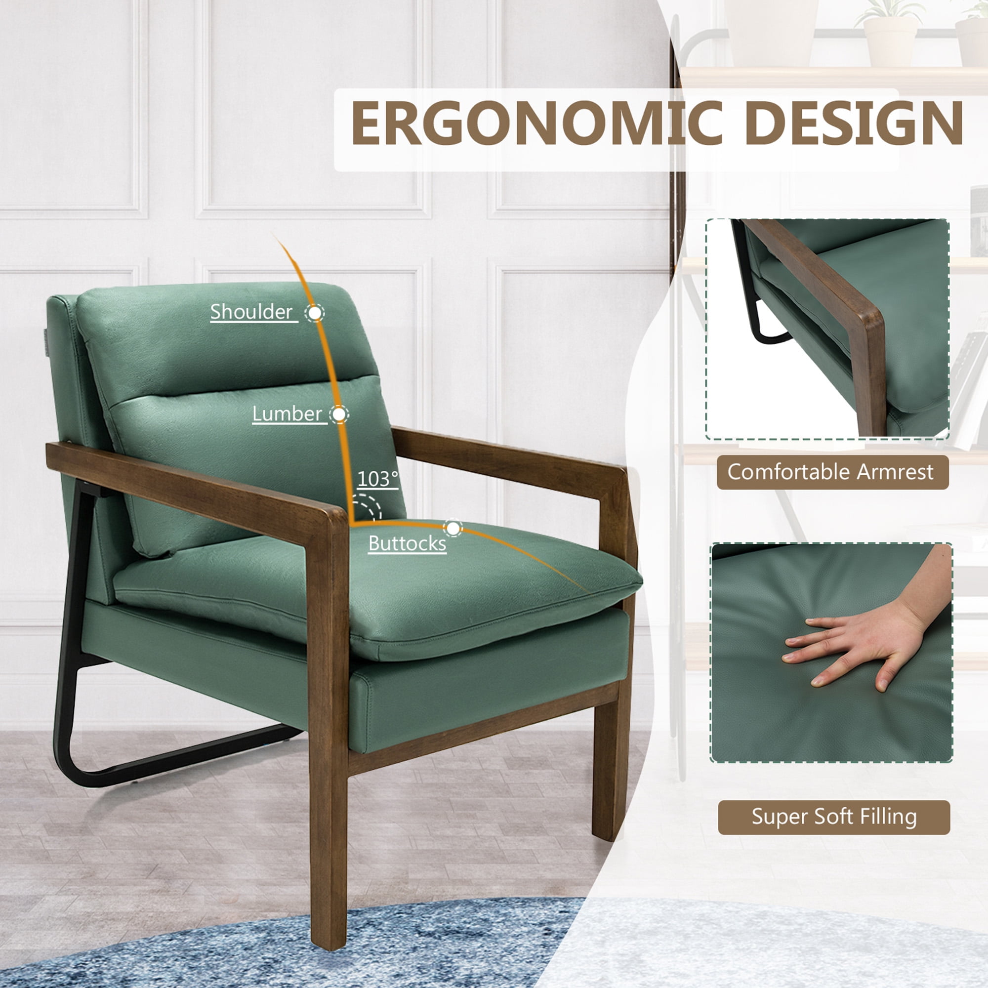 Gymax Green Set of 2 Single Sofa Chair Leisure Accent Chair w/ Wooden Armrests & Legs