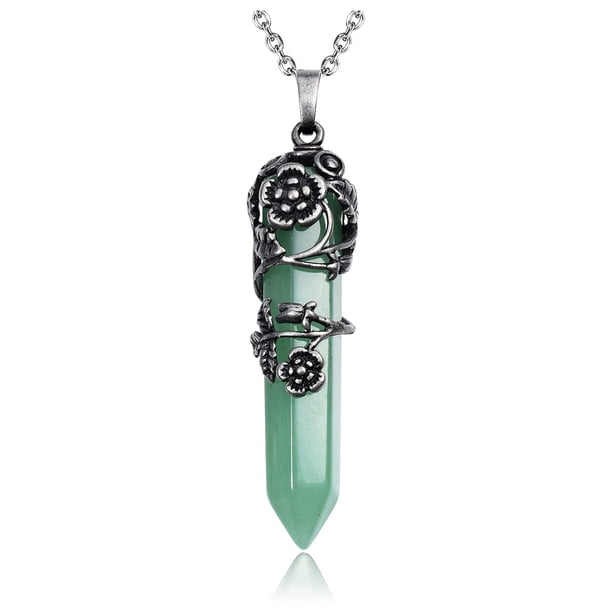 Collar de cristal curativo verde natural, colgante de cristal curativo hexagonal de flor de ciruelo de plata antigua neutral