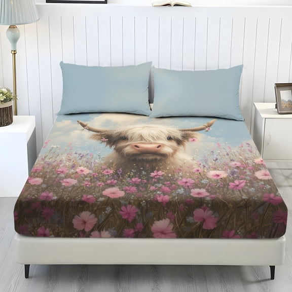 COEQINE Twin Size Sheet Set Soft Wrinkle Free 3 Pieces Bed Sheets Set with Deep Pocket Bedsheet & Pillowcases Home Decor for Twin Size Bed, Highland Cow Pink Floral