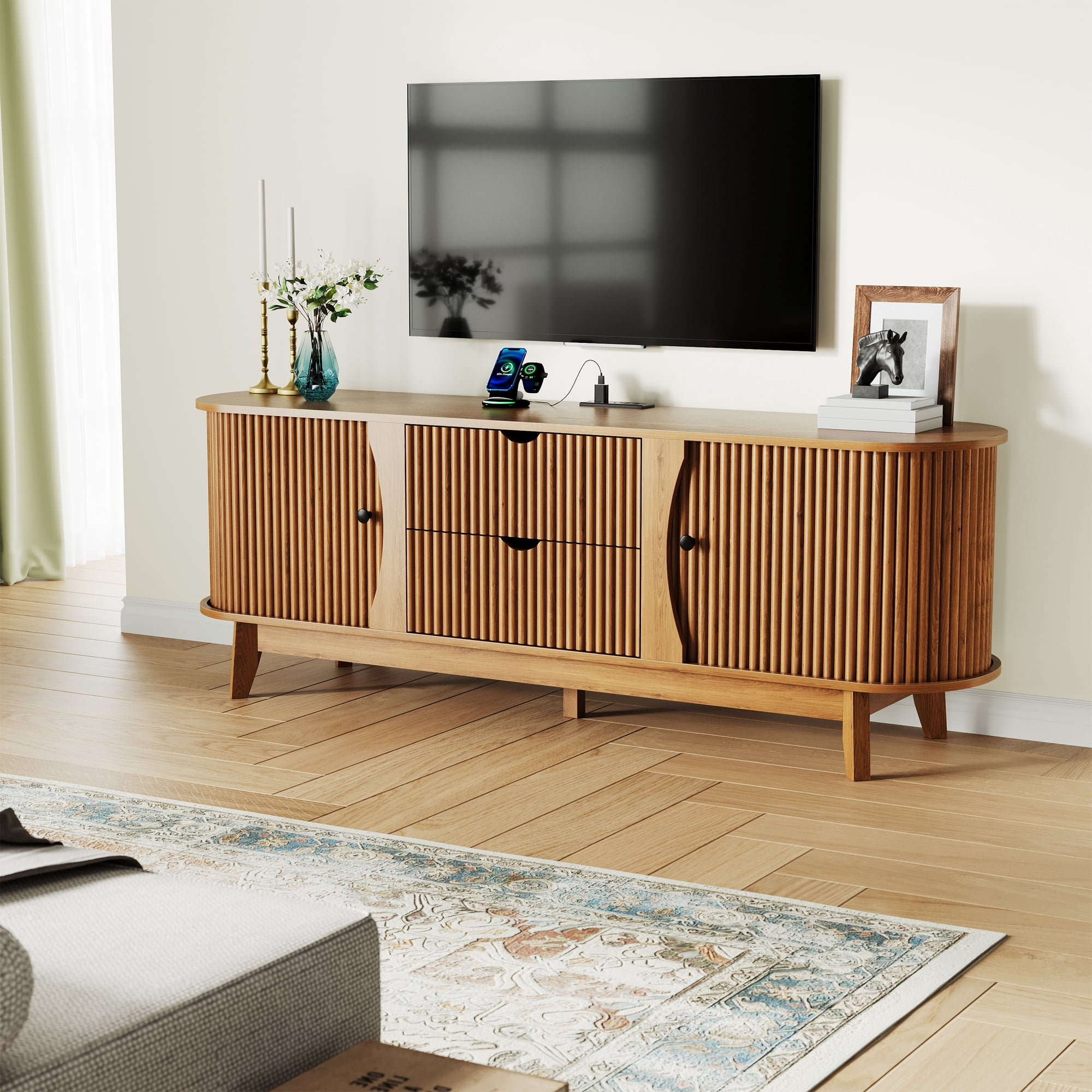 Garvee 63" Fluted TV Stand for TVs Up to 70 Inch, Modern Entertainment Center with Power Outlet, 2 Drawers, Side Cabinets with Adjustable Shelves, Curved Media Console Table for Living Room, Walnut
