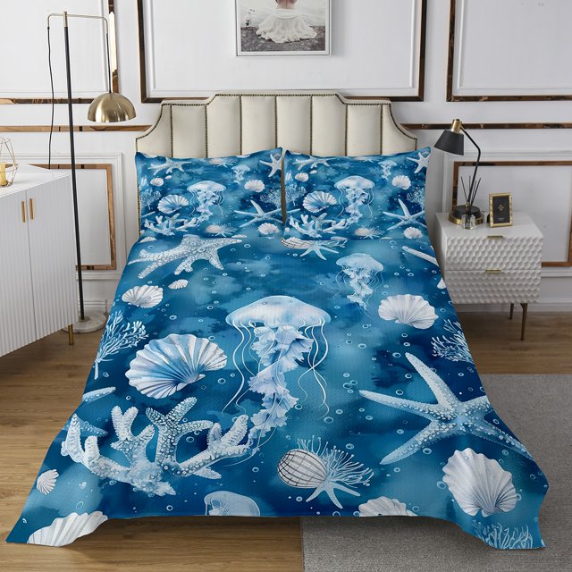 Erosebridal Ensembles de Courtepointe Méduse Rêveuse pour Lit Taille Simple, Ensemble de Lit Satrie Océan, Décor Animal Aquarelle