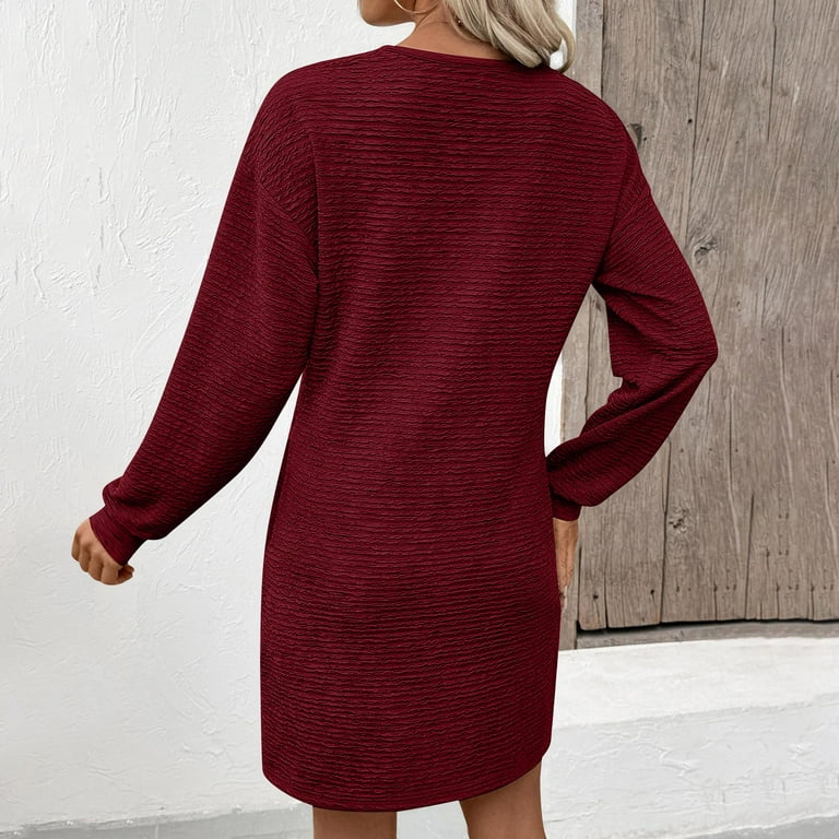 Mini Dress for Women Long Sleeve V Neck Solid Color Pullover A Line  Sweatshirt Dress with Pockets Wine L - Walmart.com