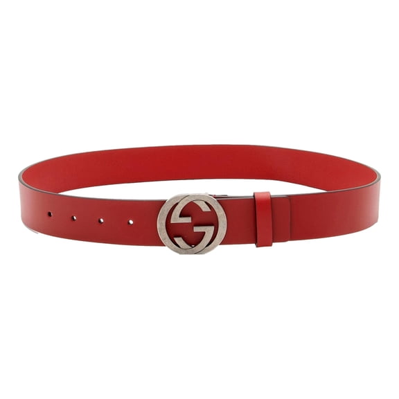 NEW Gucci Interlocking Leather GG Buckle Antiqued Silver Tone Belt Rosso Red 90/36