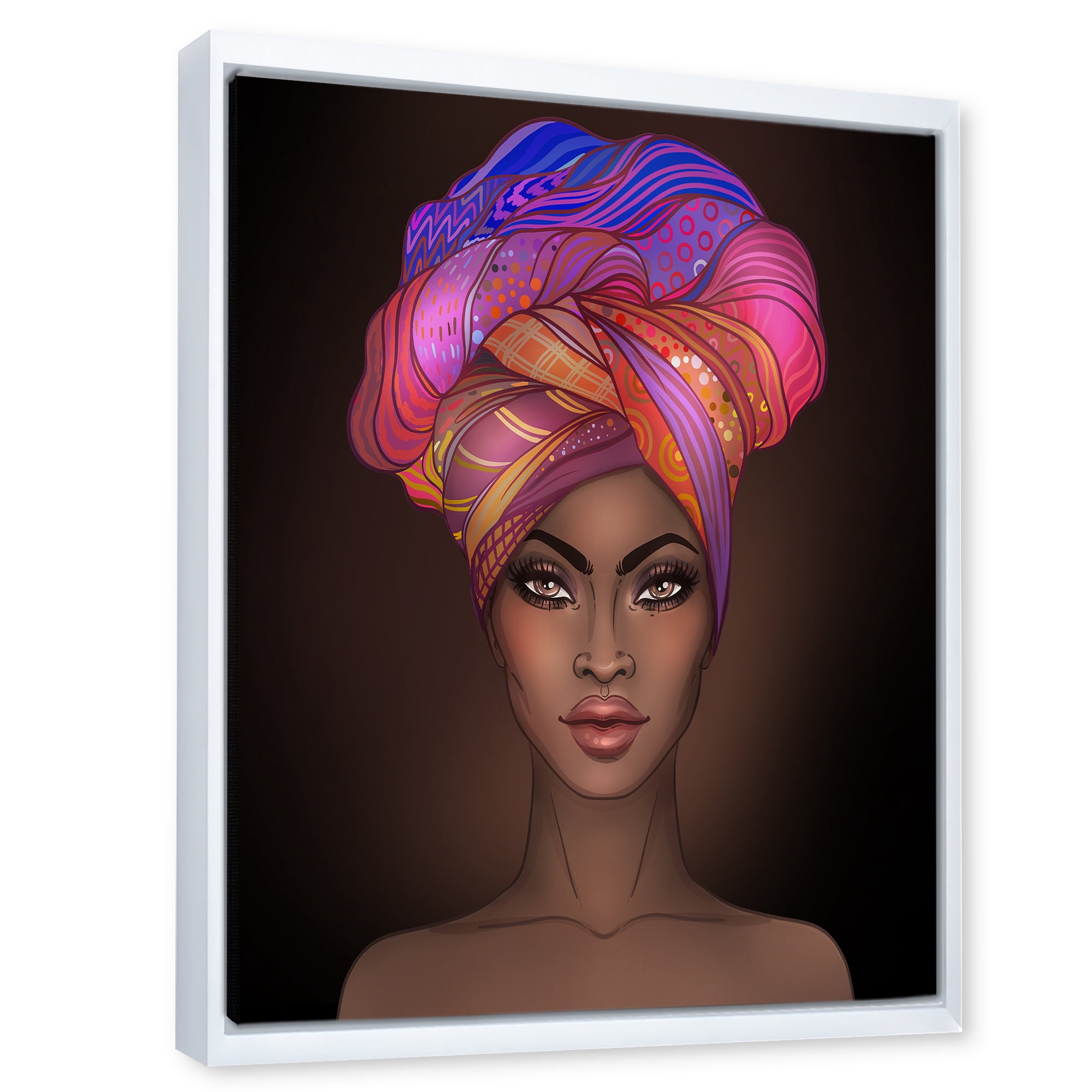 Designart 'African American Woman Portrait with Turban VI' Modern Framed Canvas Wall Art Print
