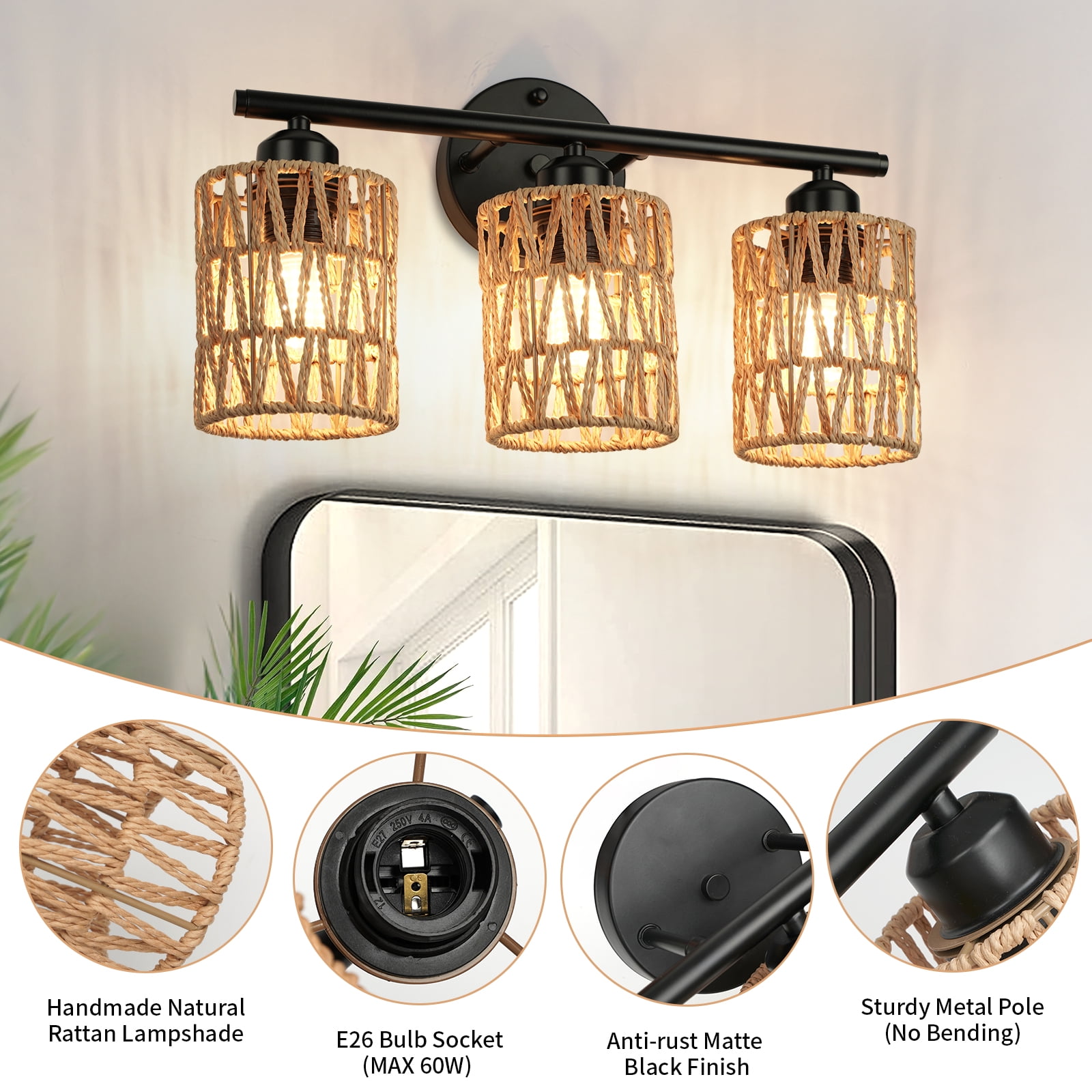 FRIDEKO HOME 3-Light Bathroom Light Fixtures Vanity Lights Over Mirror, 17" Boho Wall Sconces with Woven Lampshade, Farmhouse Black Wall Lamp for Farmhouse Living Room Bedroom (Without Bulb)