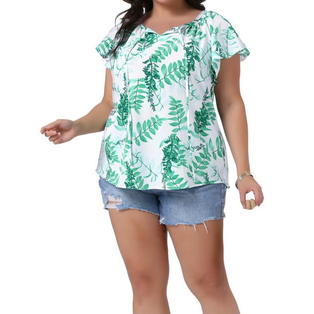 Blusa de vacaciones de verano de mujer plus size Agnes Orinda con estampado floral, cuello en V atado y mangas cortas con volantes 2X blanca y verde