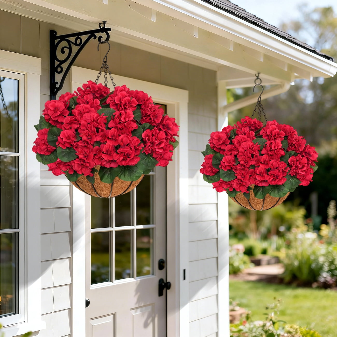 2 Sets of Outdoor Artificial Geranium Flowers with Hanging Baskets, 12Pcs of Red Geranium Fake Flowers, Christmas Front Porch Garden Terrace Home Decoration (2, Red)